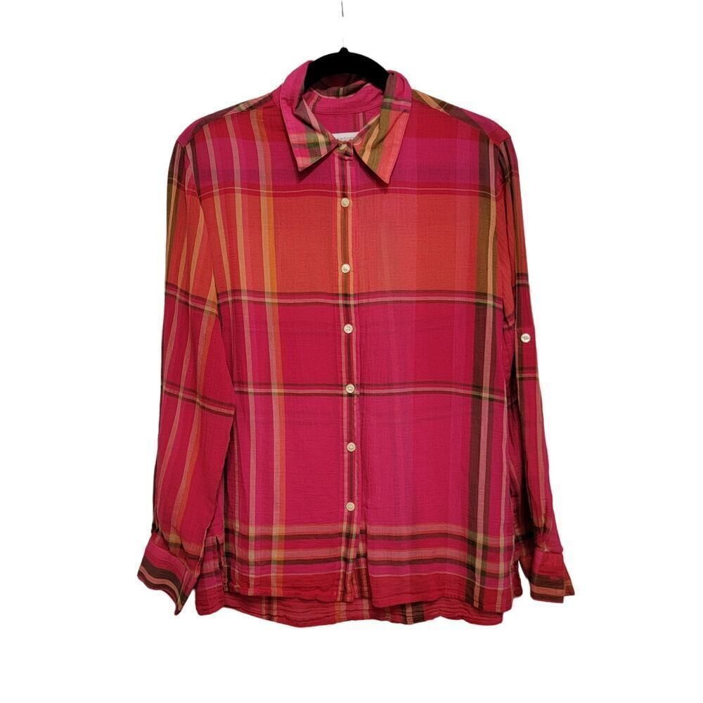 Liz Claiborne Roll Tab Plaid Blouse Pink Size M Cabincore